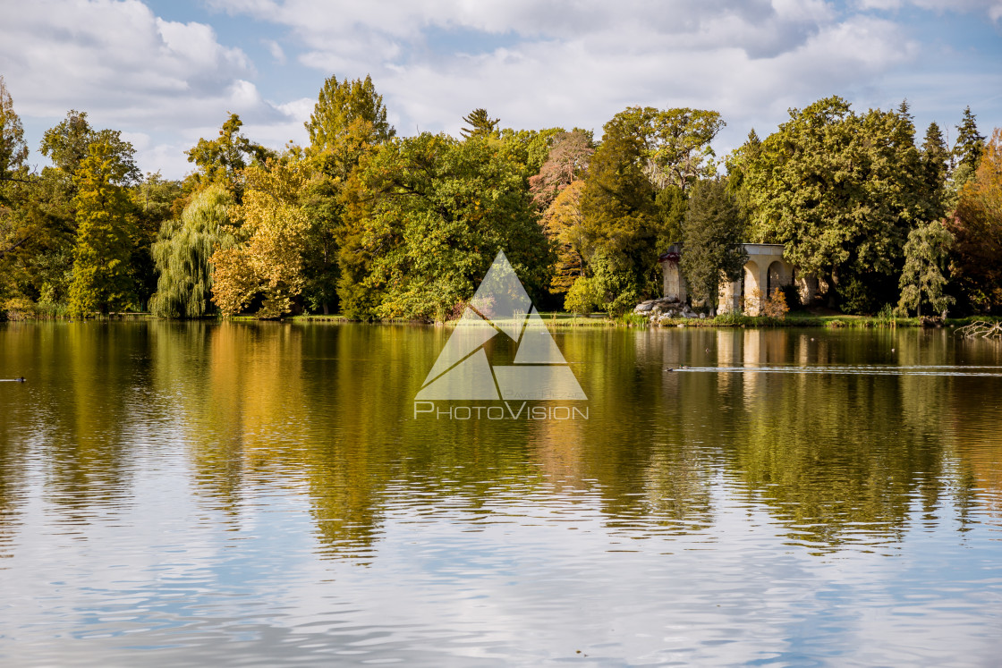 "Lake and trees in Lednice castle park" stock image