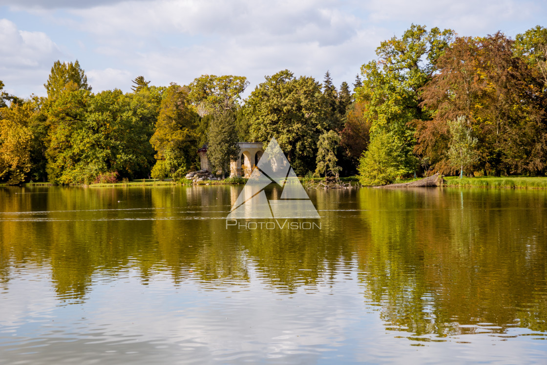 "Lake and trees in Lednice castle park" stock image