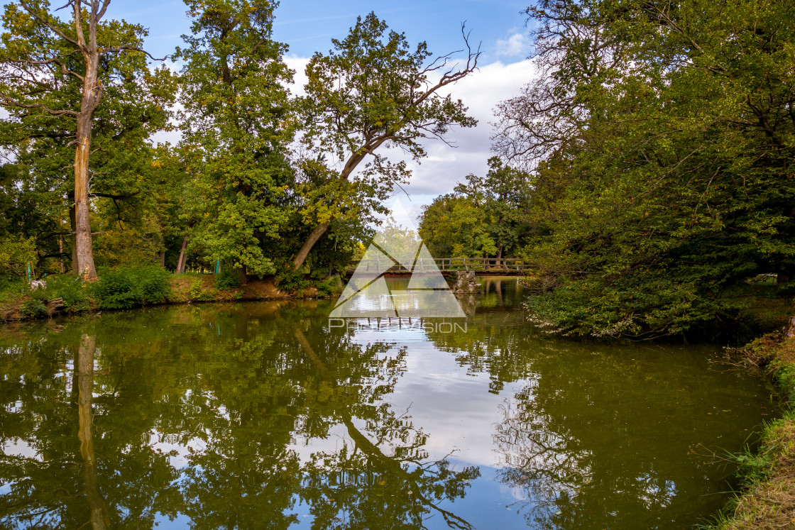 "Lake and trees in Lednice castle park" stock image