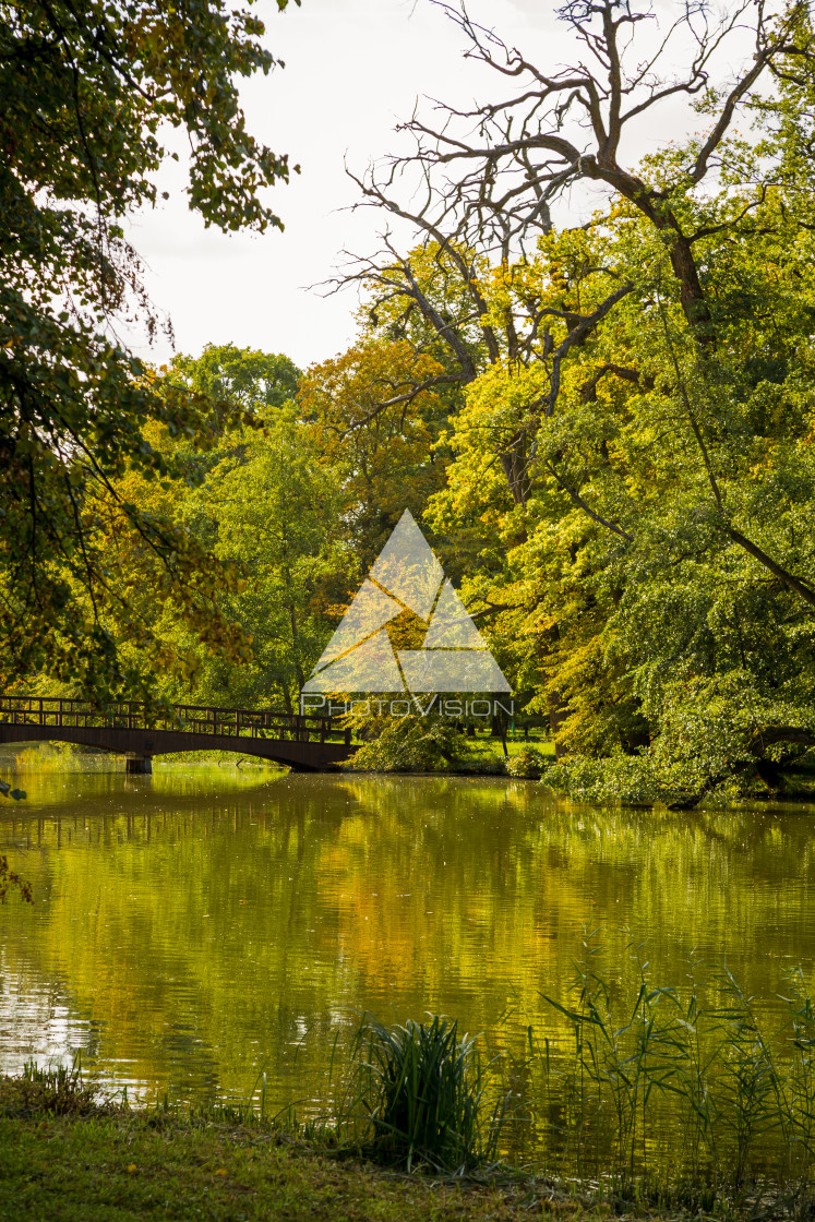 "Lake and trees in Lednice castle park" stock image