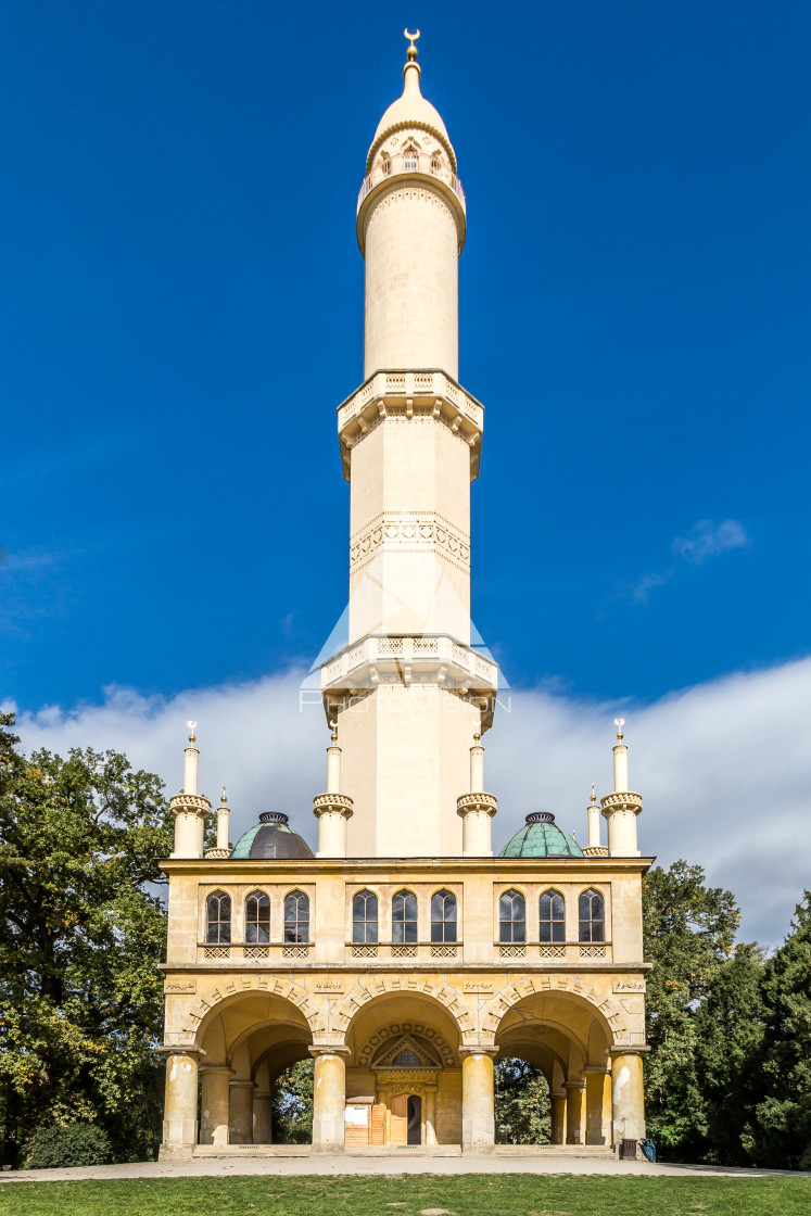 "Park with minaret in park of Lednice castle" stock image