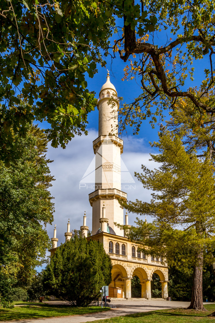 "Park with minaret in park of Lednice castle" stock image