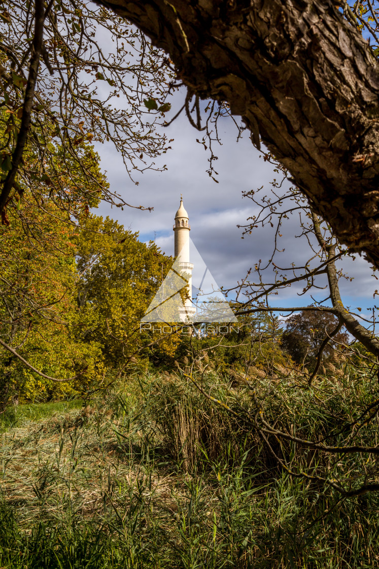 "Park with minaret in park of Lednice castle" stock image