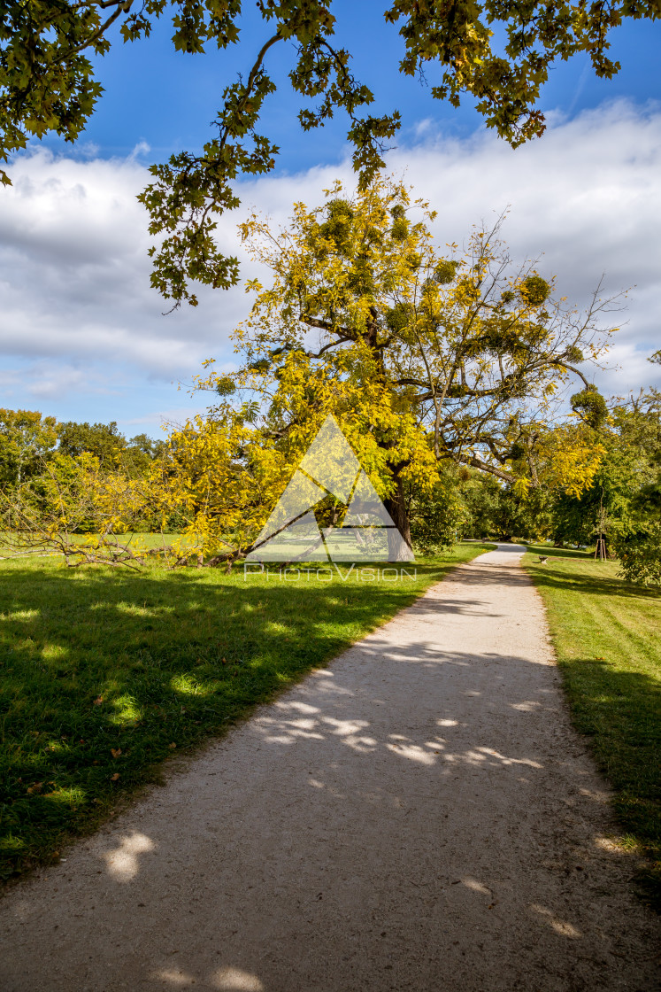 "Romantic English park, castle Lednice" stock image