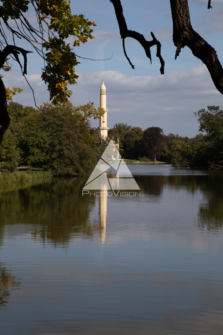 "Park with minaret in park of Lednice castle" stock image