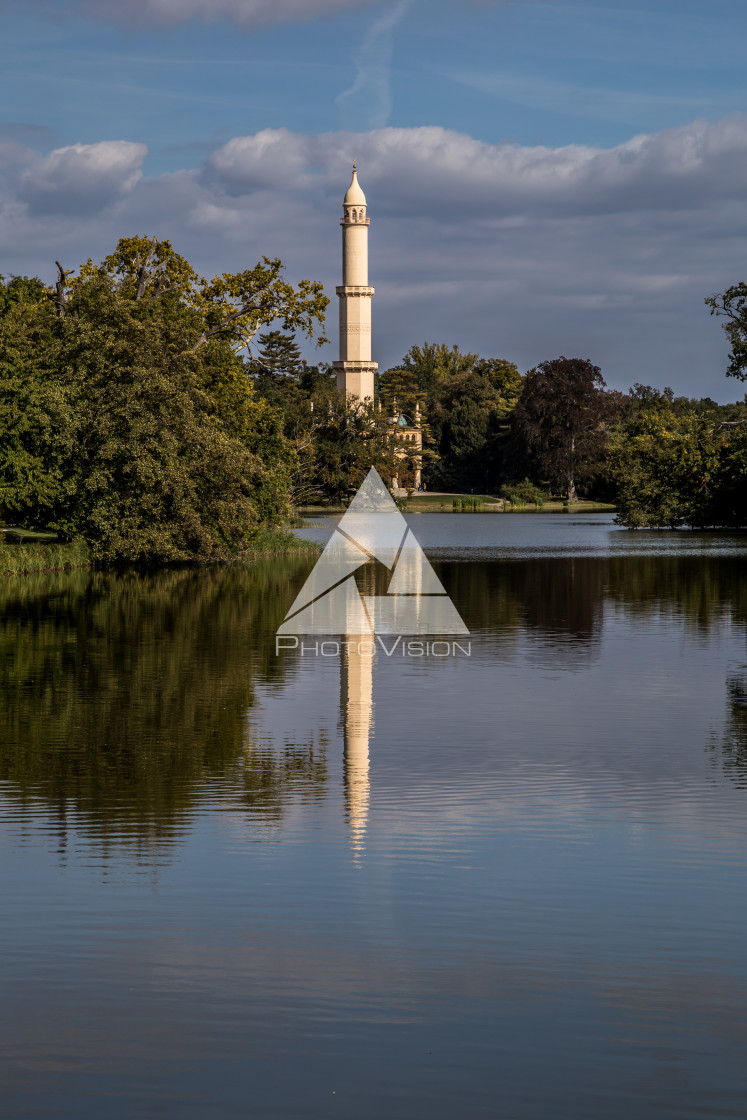 "Park with minaret in park of Lednice castle" stock image