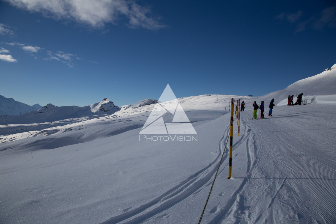 "Snowy Alpine ski slopes Flaine Haute Savoie France" stock image