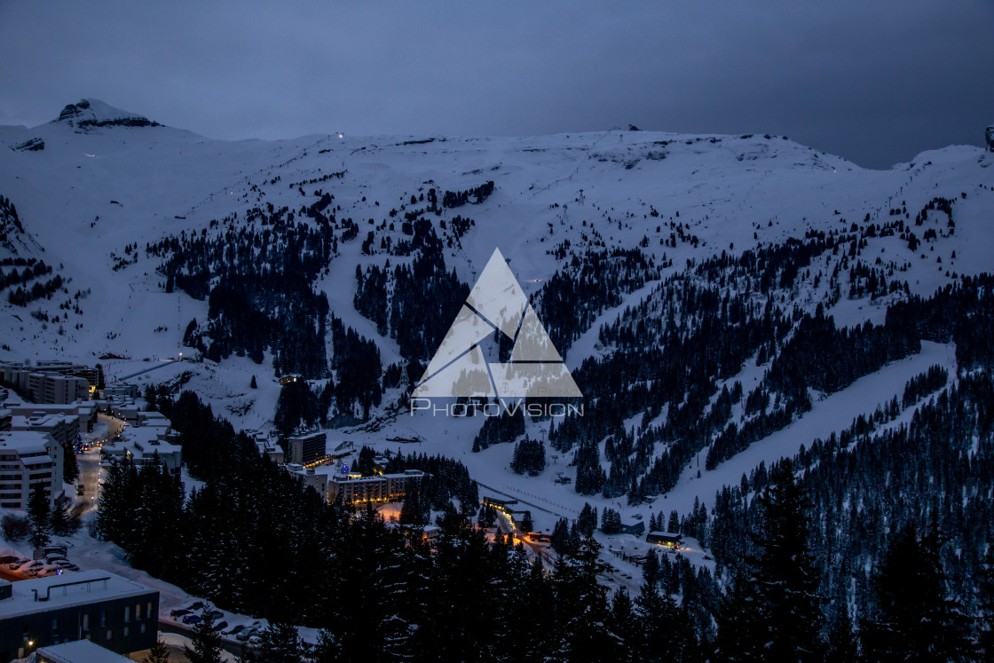 "Snowy Alpine ski resort Flaine in night, Haute Savoie, France" stock image