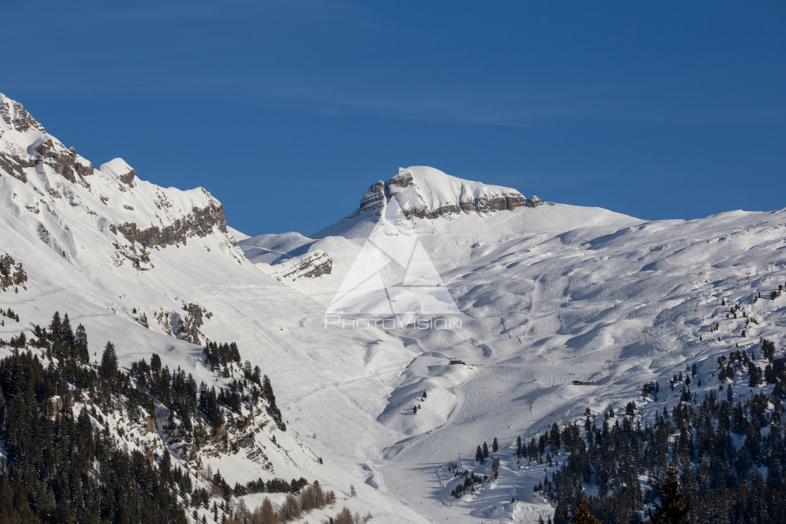 "Snowy Alpine ski slopes Flaine Haute Savoie France" stock image