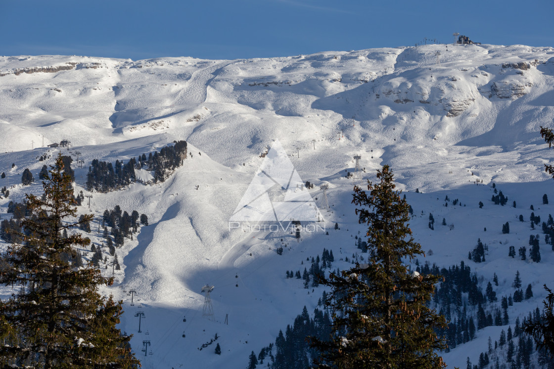 "Snowy Alpine ski slopes Flaine Haute Savoie France" stock image