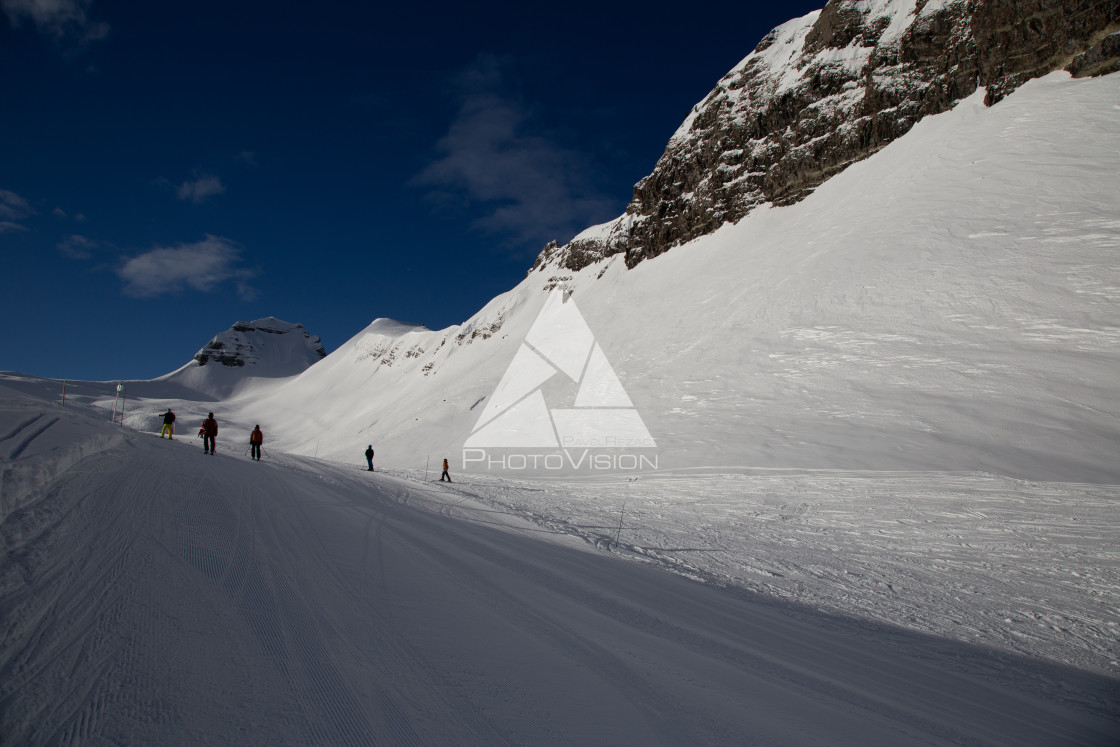 "Snowy Alpine ski slopes Flaine Haute Savoie France" stock image