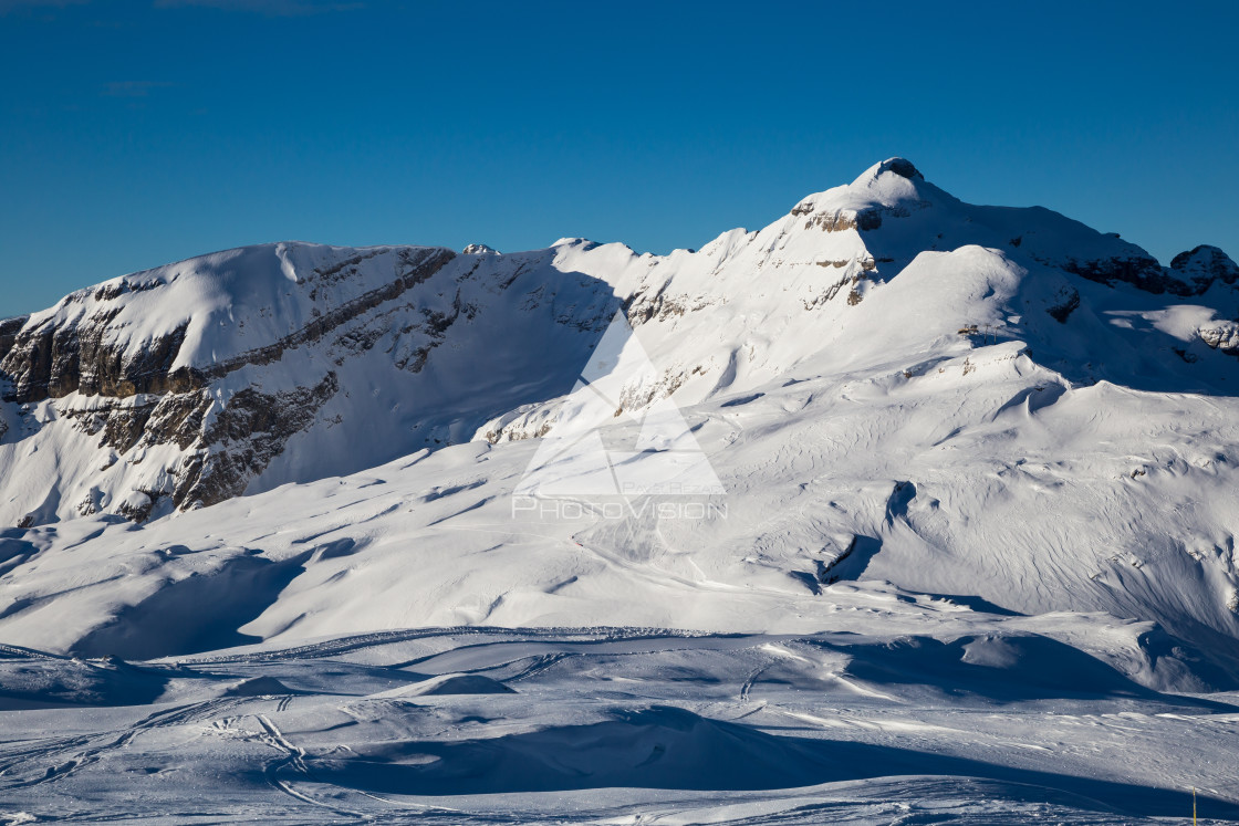 "Snowy Alpine ski slopes Flaine Haute Savoie France" stock image