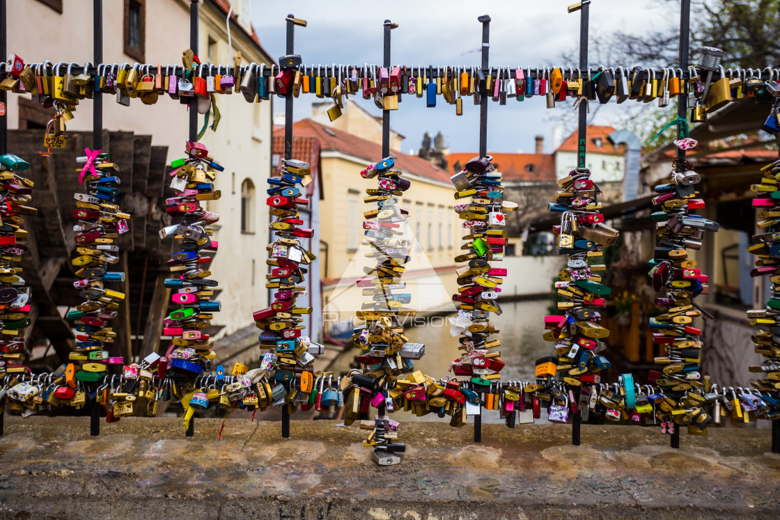 "Love locks on a fence by old water mill on Kampa Island in Pragu" stock image