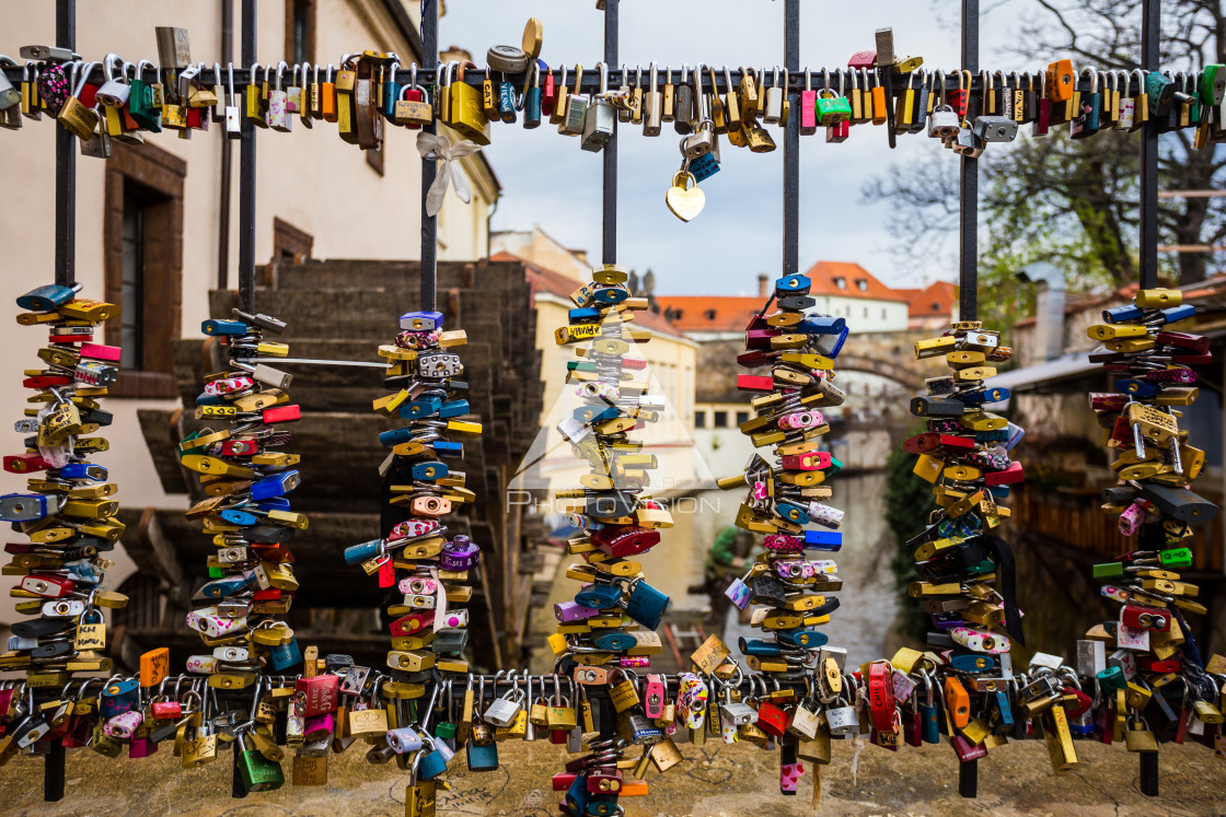 "Love locks on a fence by old water mill on Kampa Island in Pragu" stock image