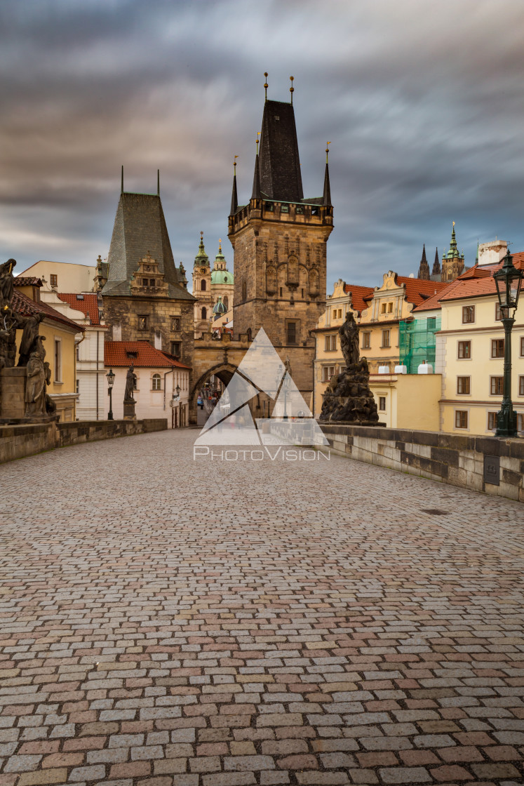 "View of the Lesser Bridge Tower of Charles Bridge in Prague at s" stock image