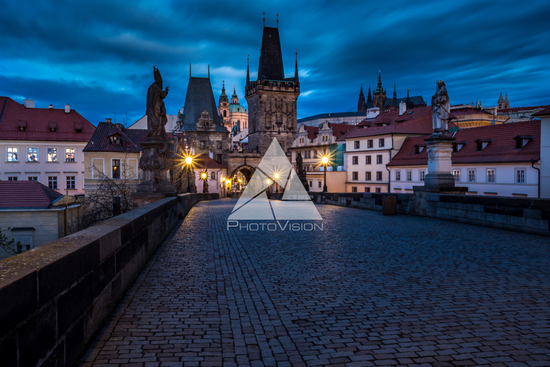 "View of the Lesser Bridge Tower of Charles Bridge in Prague at s" stock image