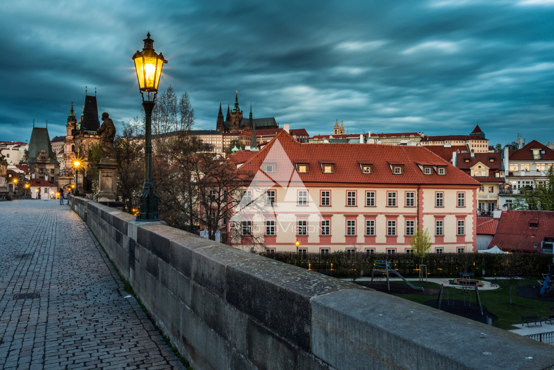 "View of the Lesser Bridge Tower of Charles Bridge in Prague at s" stock image