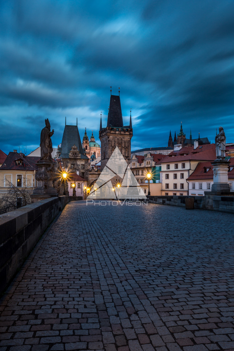 "View of the Lesser Bridge Tower of Charles Bridge in Prague at s" stock image