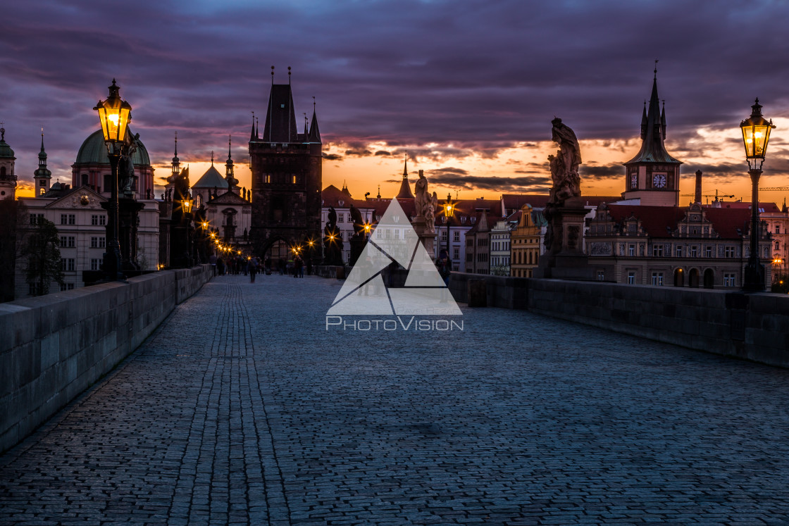 "View of the Lesser Bridge Tower of Charles Bridge in Prague at s" stock image