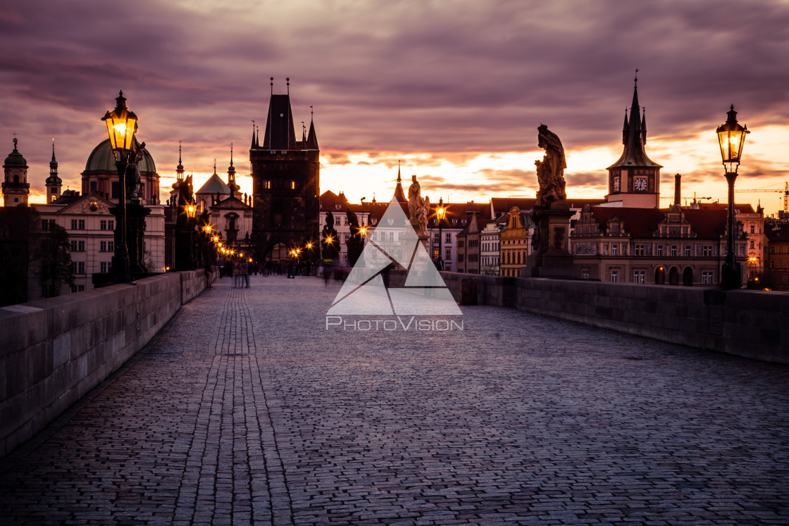 "View of the Lesser Bridge Tower of Charles Bridge in Prague at s" stock image