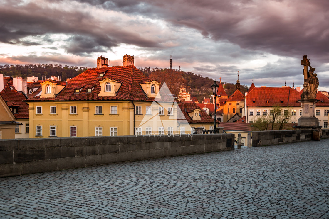 "Romantic views of Prague from Charles Bridge at sunrise" stock image