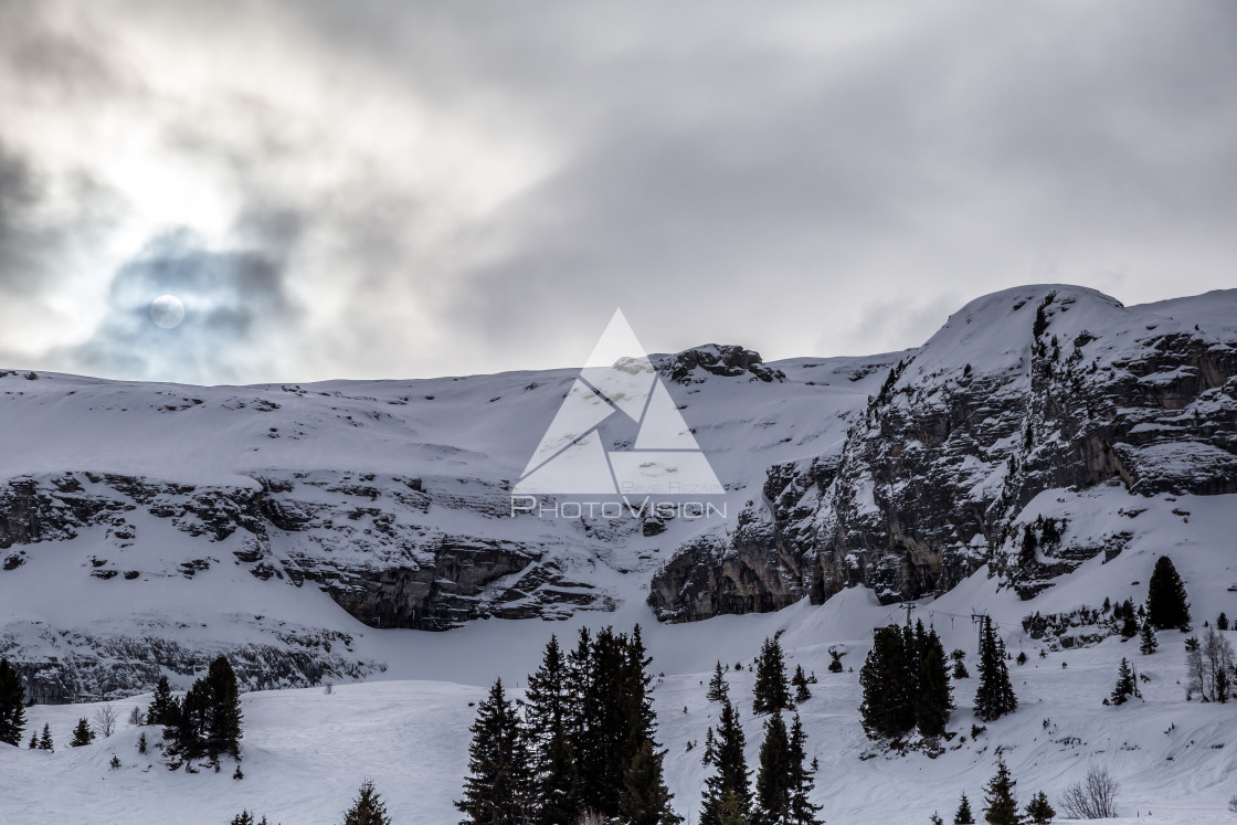 "Snowy Alpine ski slopes Flaine, Haute Savoie, France" stock image