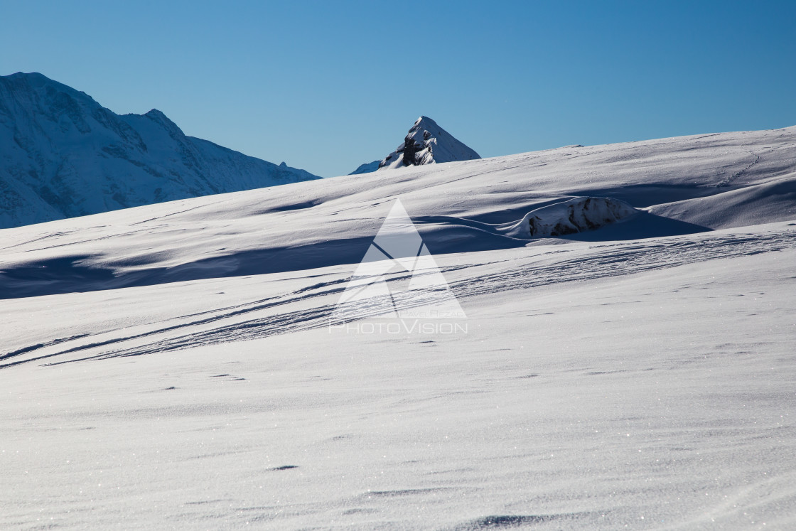 "Ski terrain below Mont Blanc" stock image