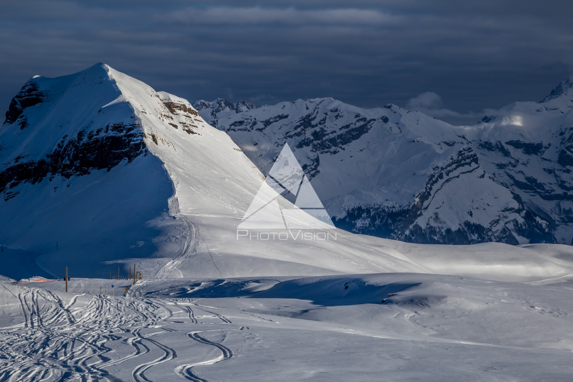 "Snowy Alpine ski slopes Flaine, Haute Savoie, France" stock image