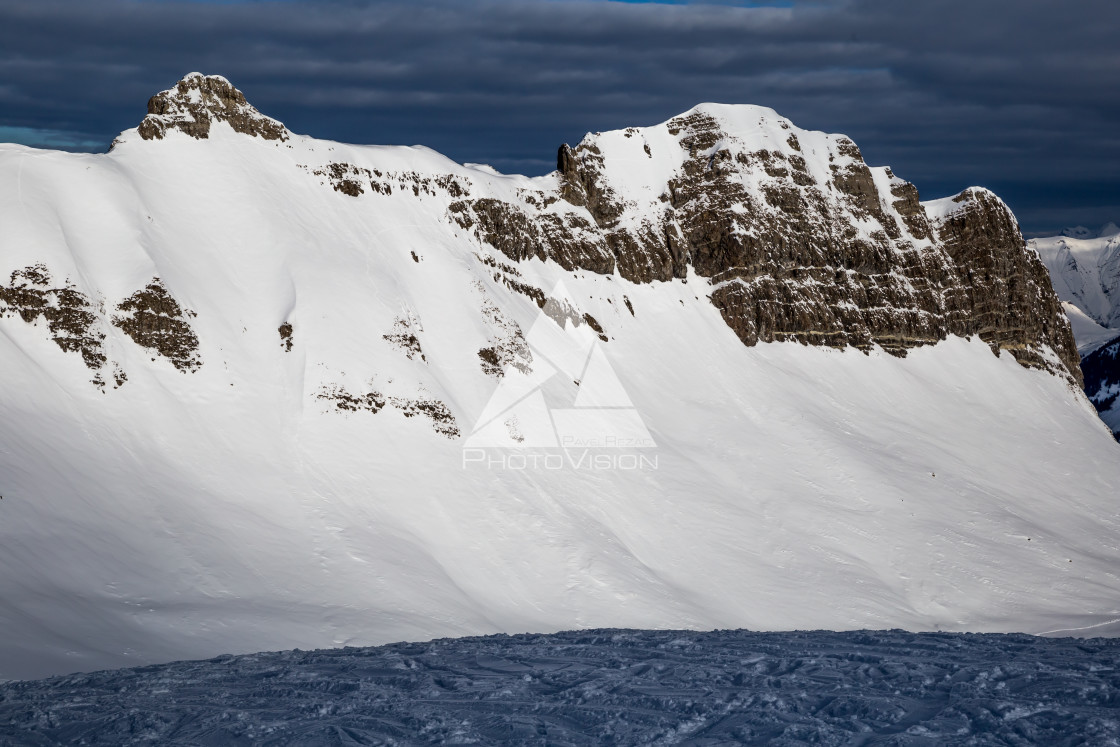 "Snowy Alpine ski slopes Flaine," stock image