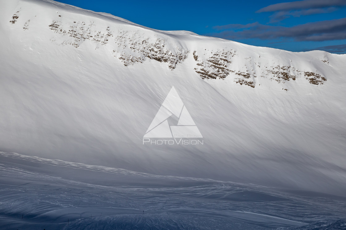 "Snowy Alpine ski slopes Flaine," stock image