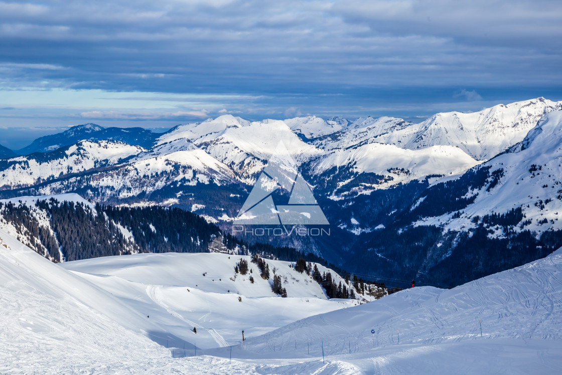 "Snowy Alpine ski slopes Flaine," stock image