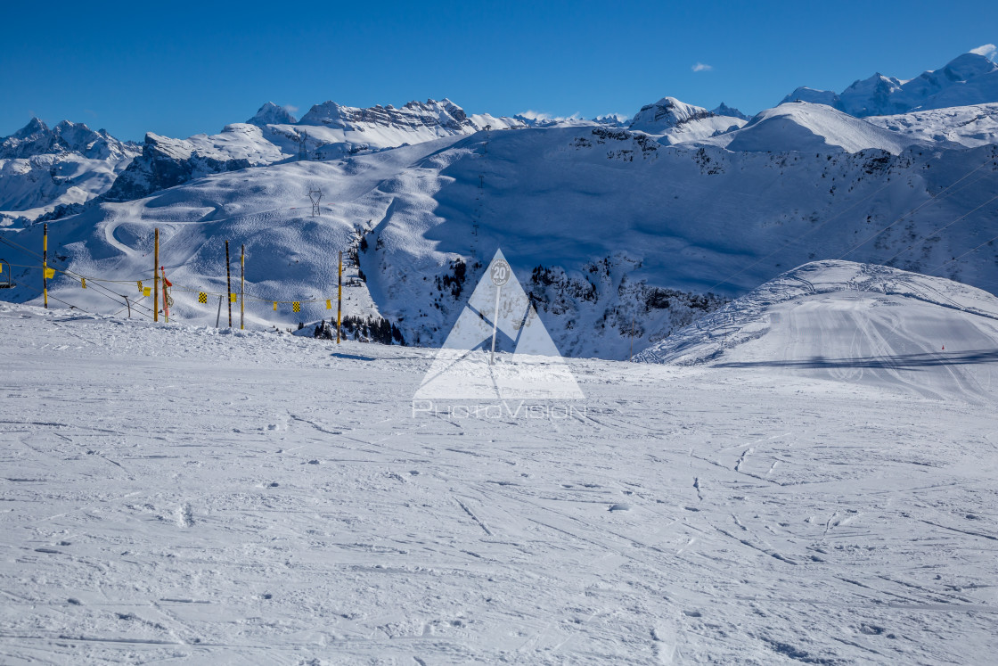 "Snowy Alpine ski slopes Flaine, Haute Savoie, France" stock image