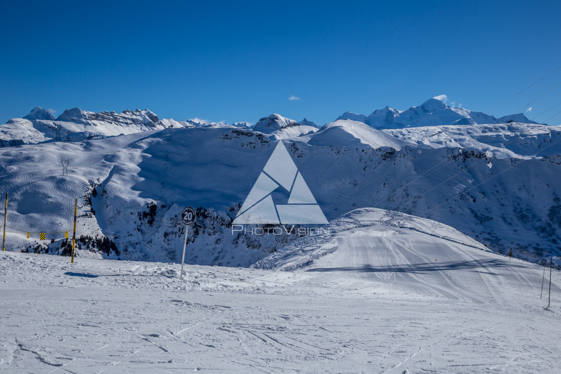 "Snowy Alpine ski slopes Flaine, Haute Savoie, France" stock image