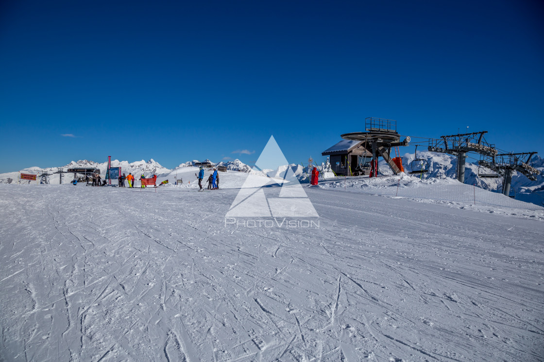 "Snowy Alpine ski slopes Flaine, Haute Savoie, France" stock image