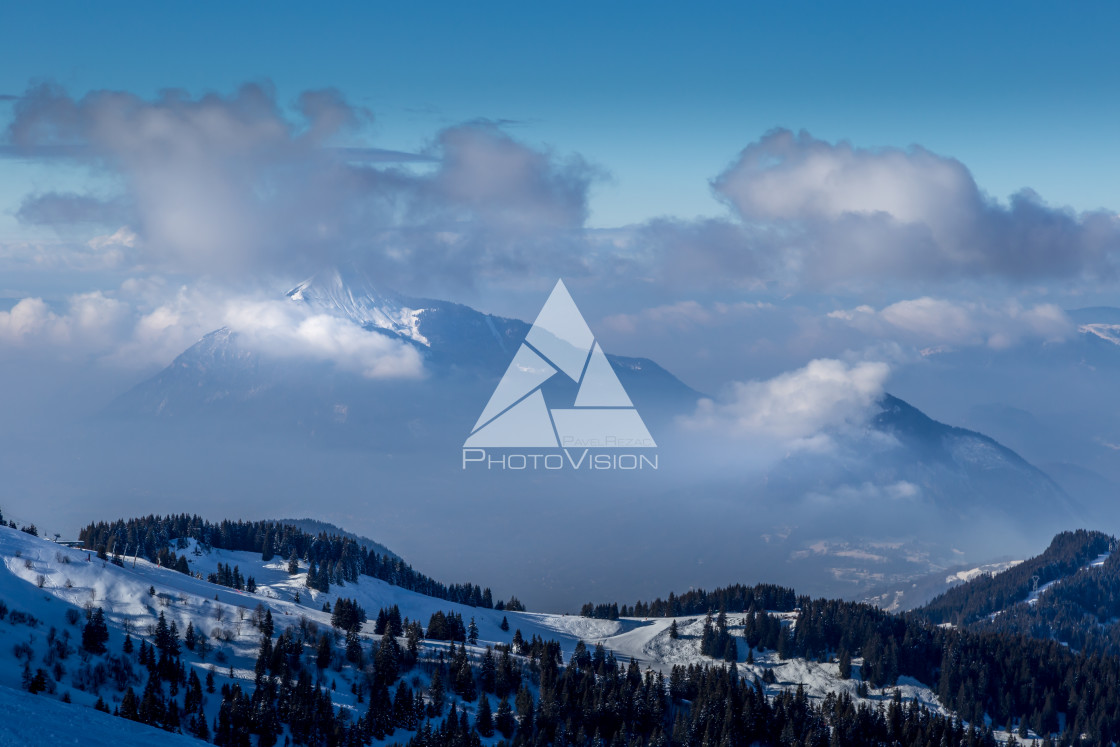 "Inverse clouds illuminated by the sun in the Alps" stock image