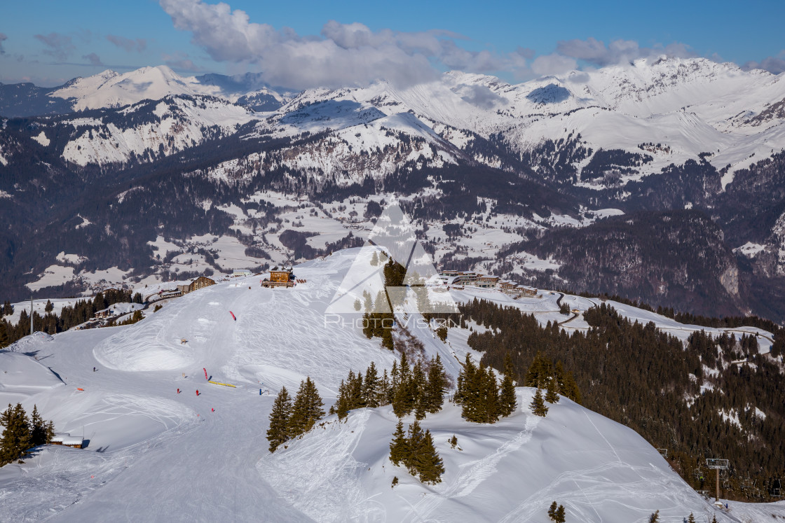 "Snowy Alpine ski slopes Flaine, Haute Savoie, France" stock image