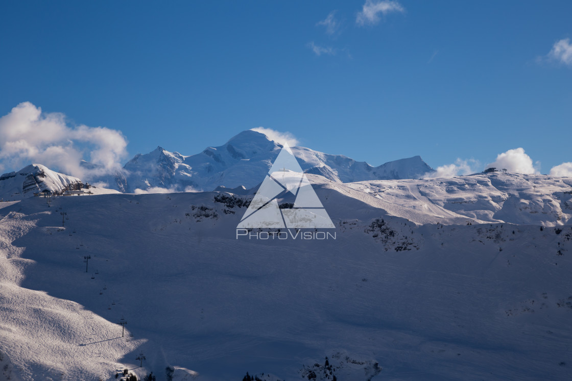 "Snowy Alpine ski slopes Flaine, Haute Savoie, France" stock image