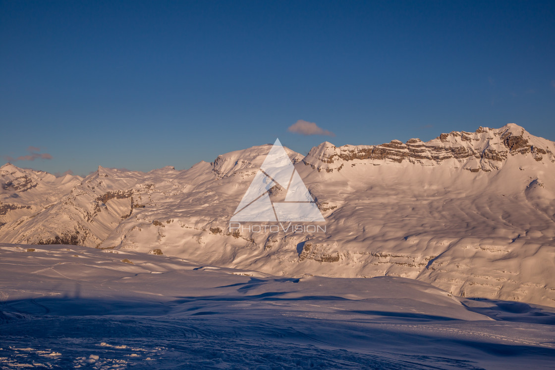 "The setting sun illuminates the alpine panorama" stock image