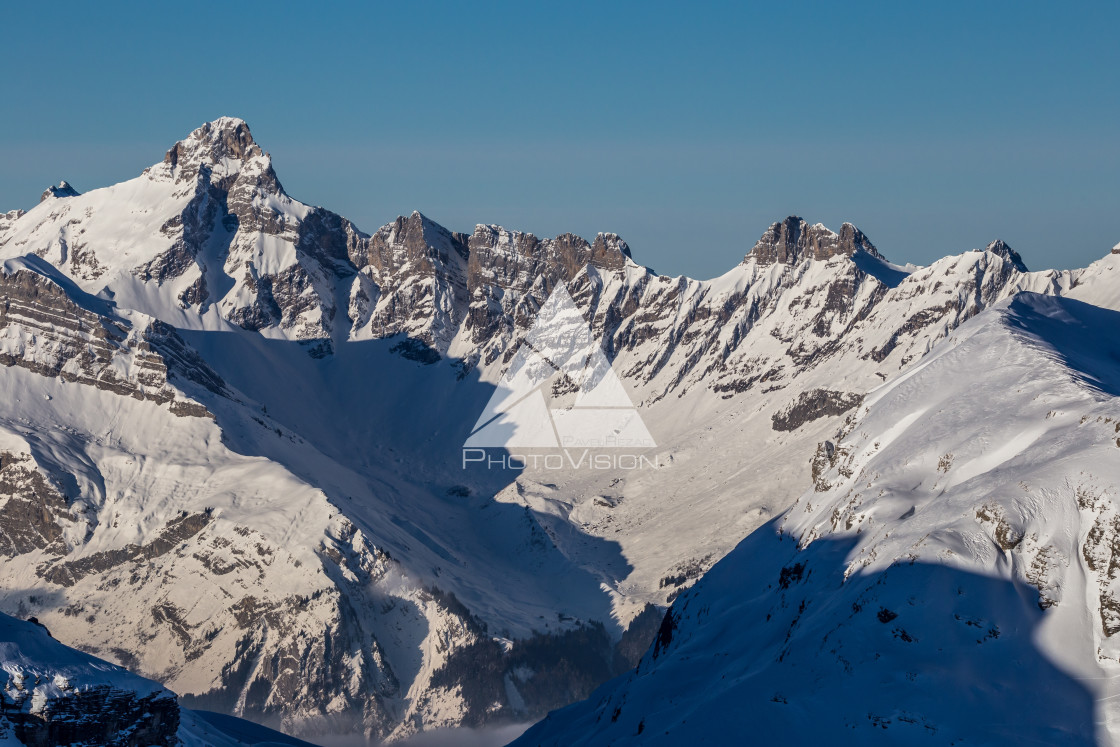 "Snowy Alpine ski slopes Flaine, Haute Savoie, France" stock image