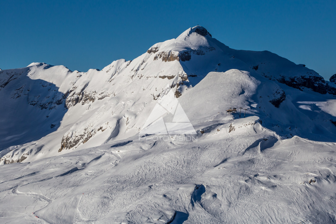 "Snowy Alpine ski slopes Flaine, Haute Savoie, France" stock image