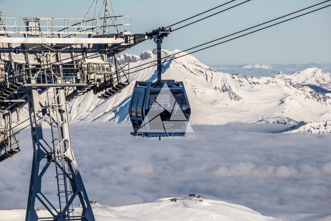 "A big Ski Chair Lift at Flaine, France on a blue sky winters day" stock image