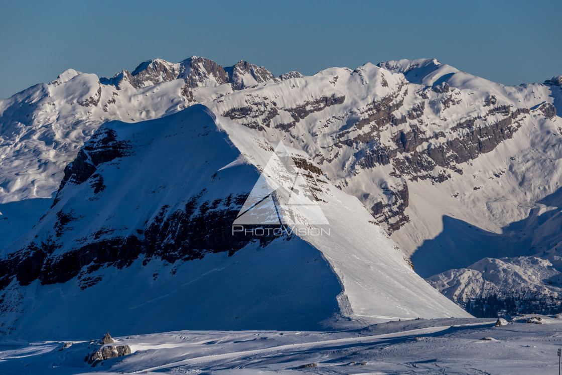 "Snowy Alpine ski slopes Flaine, Haute Savoie, France" stock image