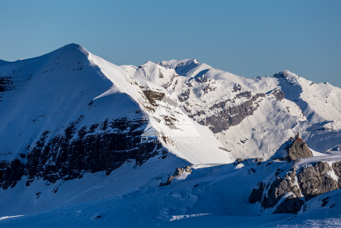 "Snowy Alpine ski slopes Flaine, Haute Savoie, France" stock image