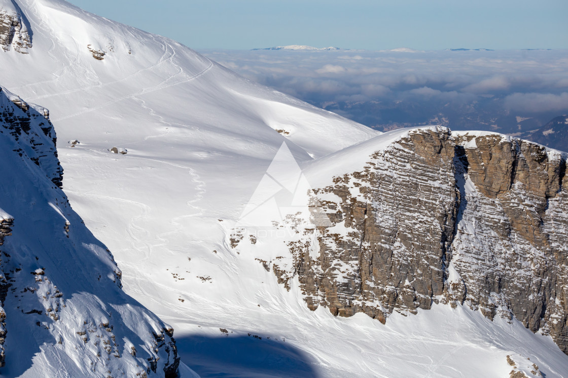 "Mountain peaks in the shade and sunlit" stock image