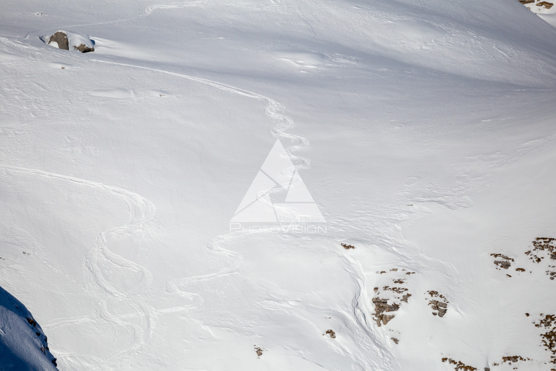 "Painting in snow, arches from skiers in powder snow" stock image