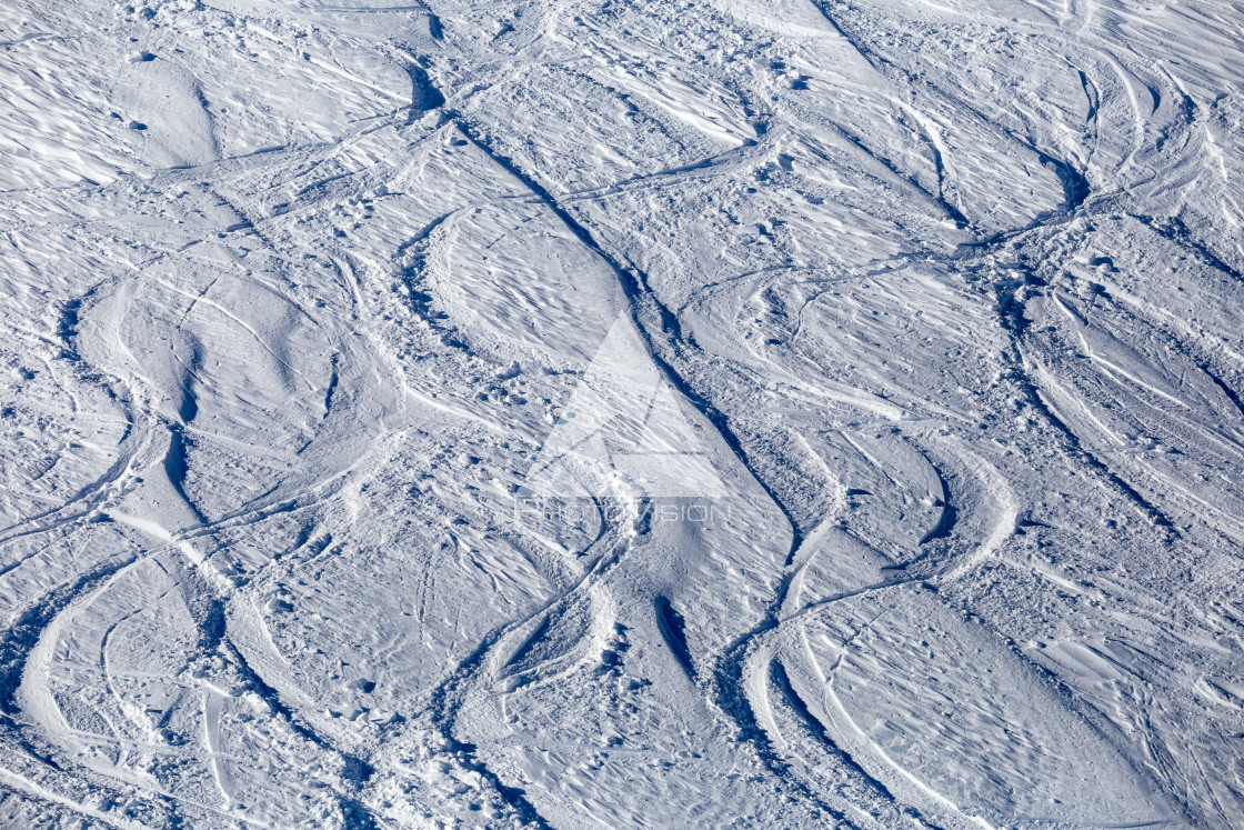 "Painting in snow, arches from skiers in powder snow" stock image