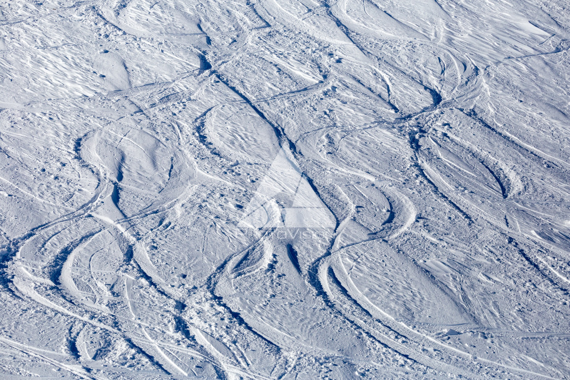 "Painting in snow, arches from skiers in powder snow" stock image