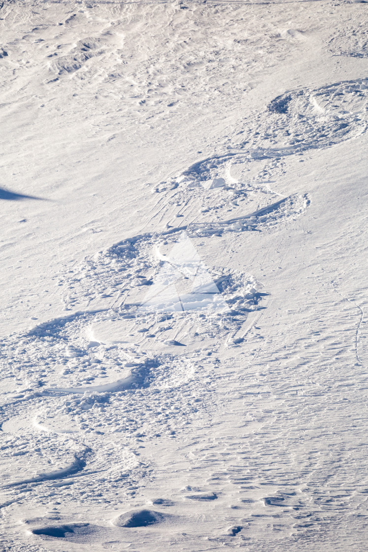 "Painting in snow, arches from skiers in powder snow" stock image