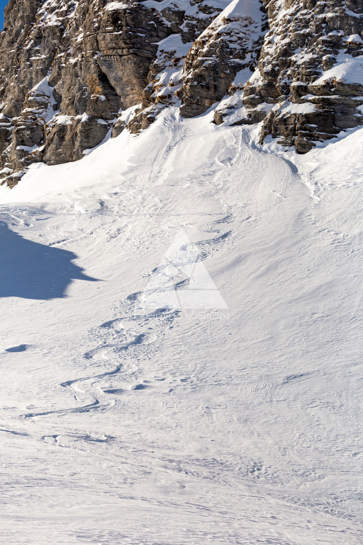 "Painting in snow, arches from skiers in powder snow" stock image