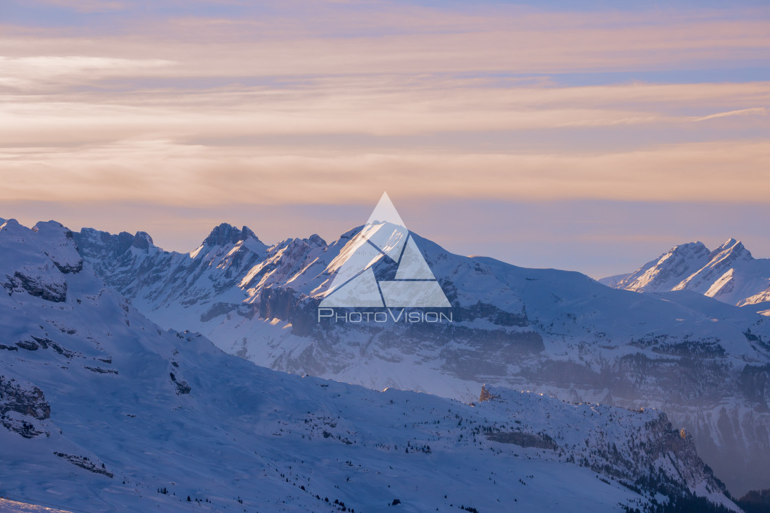 "Winter Alps landscape at sunset" stock image